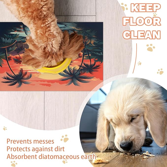 Beach Palm Tree Dog Food Mat for Floors Absorbent, Quick Dry Water Dispenser Mat for Food, Water, Pet Supplies 12" x 20", Sunrise Sunset