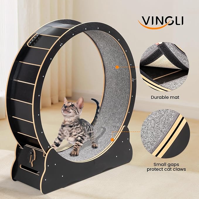 VINGLI Cat Wheel Exerciser for Indoor Cats, 43" Large Cat Exercise Wheel, Silent Kitten Running Wheel with Safety Lock, Black (Extra Large-43.3 inch)