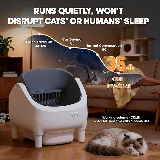 Greesum Self Cleaning Cat Litter Box – Automatic Open-Top Smart Litter Box with App Control, 15L Odor-Sealed Waste Bin, Ultra Quiet 35dB, Multi-Cat & Large Cat Compatible, with Trash Bags & Mat