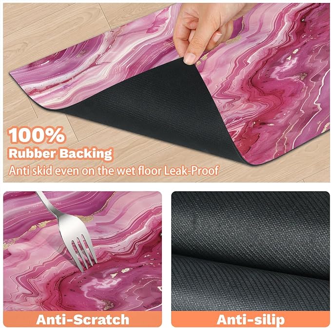 Pink Marble Dog Food Mat for Floors Absorbent, Quick Dry Water Dispenser Mat for Food, Water, Pet Supplies 16" x 24", Abstract