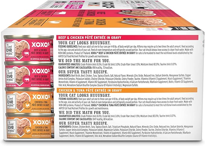 I and Love and You XOXOs Wet Cat Food - Chicken + Beef Pâté Variety Pack - Grain Free, Filler Free, 3oz Pack of 12 Cans