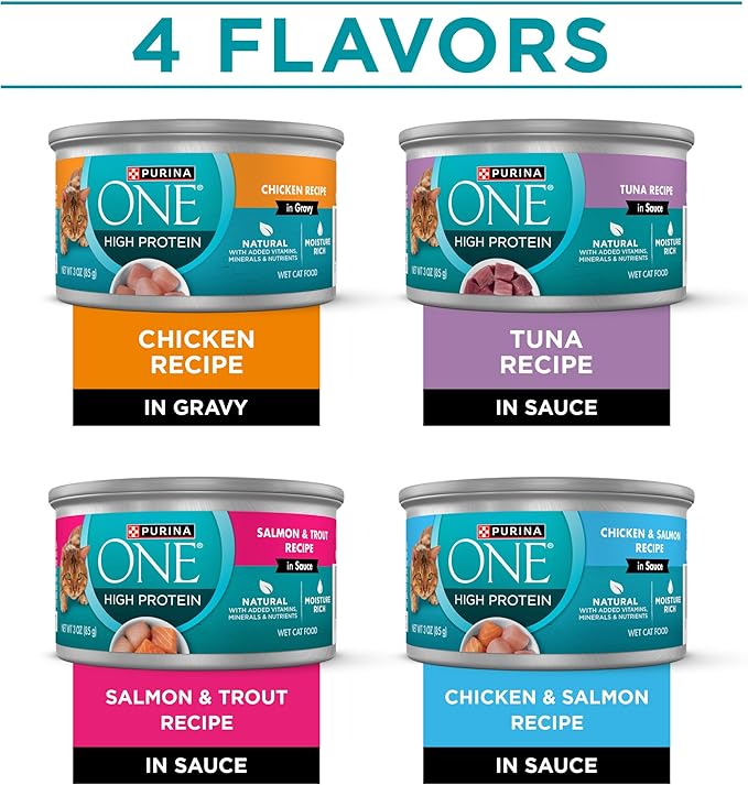 Purina ONE Natural, High Protein Cat Food Variety Pack, Chicken, Tuna, Salmon and Trout Recipes - (Pack of 24) 3 oz. Cans