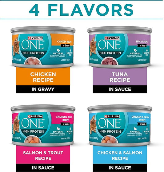 Purina ONE Natural, High Protein Cat Food Variety Pack, Chicken, Tuna, Salmon and Trout Recipes - (Pack of 24) 3 oz. Cans
