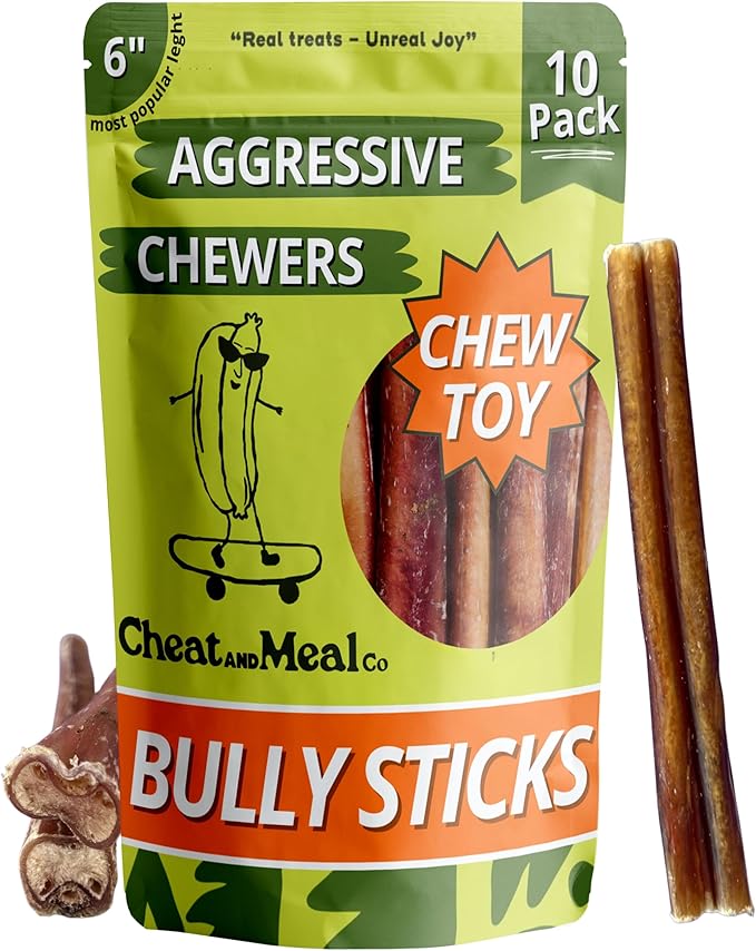 Bully Sticks for Dogs, (6 Inch, 10 Count), Dog Chew Toy for Aggresive Chewer, Long-Lasting, 100% Grass-Fed Beef Pizzle - Ideal for Medium and Large Dogs - Rawhide-Free