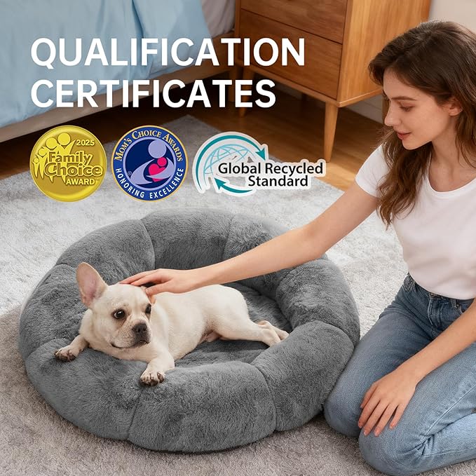 OhGeni 31 inches Calming Donut Orthopedic Dog & Cat Bed for Medium Pets, Warming Comfort Fluffy Short Pile Fur, Durable Waterproof Machine Washable Removable Cover, Cute Round Bed for Puppy, Dark Gray