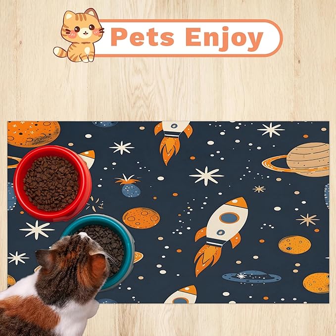 Rocket Dog Food Mat for Floors Absorbent, Quick Dry Water Dispenser Mat for Food, Water, Pet Supplies 16" x 24", Starry Sky
