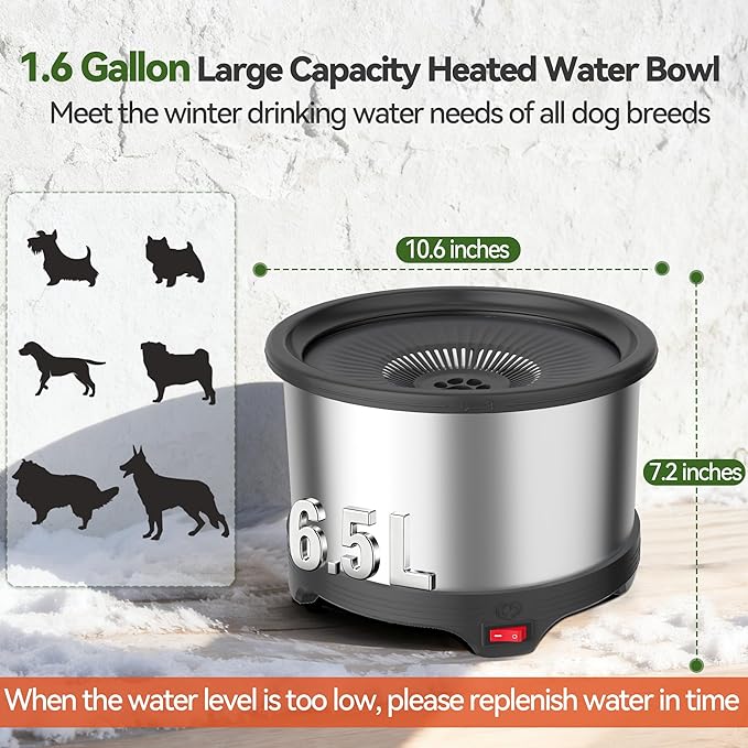 6.5L Heated Water Bowl, Stainless Steel Outdoor Heated Dog Bowl with Anti-Chew Cord, Large Capacity Heated Pet Slow Drinking Dish Provide Warm Water in Winter for Dogs