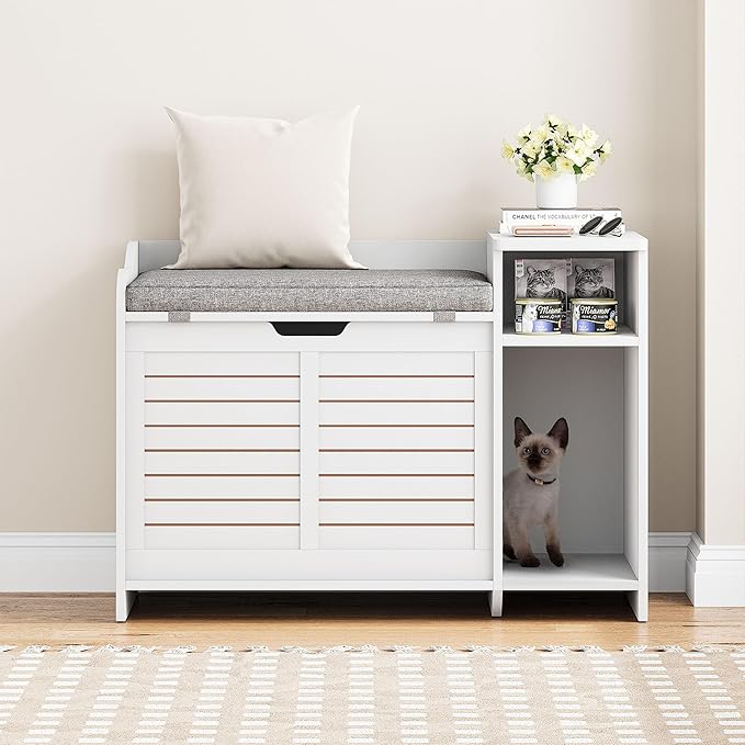Cat Litter Box Enclosure, Litter Box Enclosure with Top Opening with Cushion, Cat Litter Box Cabinet Furniture Hidden, Litter Box Hidden, Cat House, White Medium