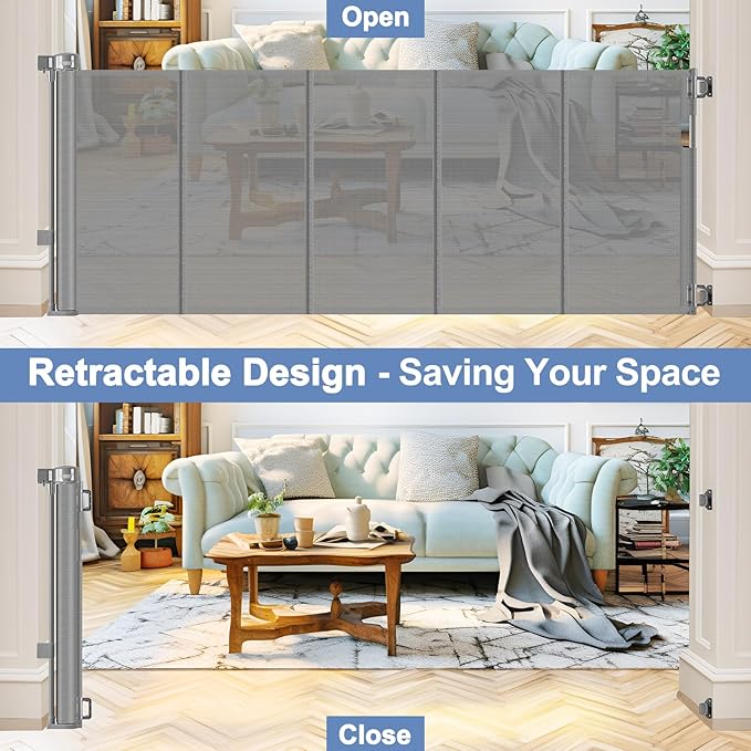 Reinforced Retractable Dog Gate with Support Strip 60" Wide Retractable Outdoor Gate for Decks Mesh Dog Gate Retractable Indoor Retractable Pet Gate for Dogs Retractable Mesh Gate Retractable Cat Gate