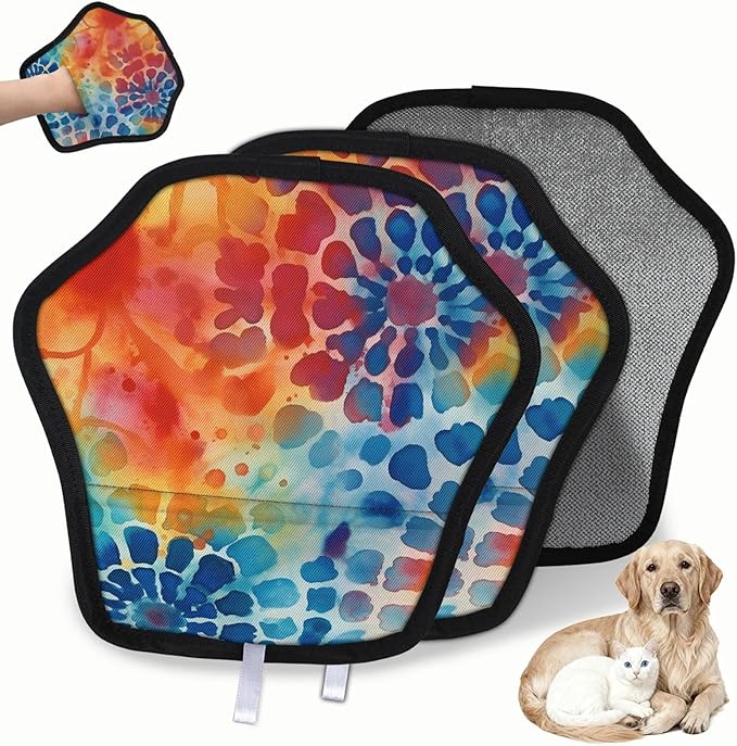 Colorful Tie Dye Pattern Electrostatic Pet Hair Removal Glove for Cats & Dogs - Reusable Grooming Mitt for Couch, Carpet, Car Seat & Laundry - Large 9x9 Inch