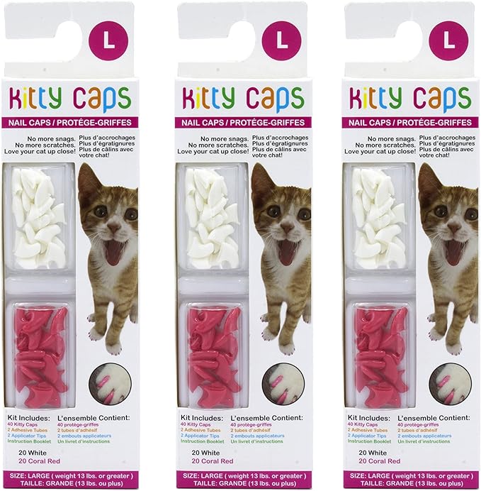 Kitty Caps Nail Caps for Cats Pure White and Coral Red, Large - Safe, Stylish & Humane Alternative to Declawing Cat Nail Caps Stops Snags and Scratches (Pack of 3)