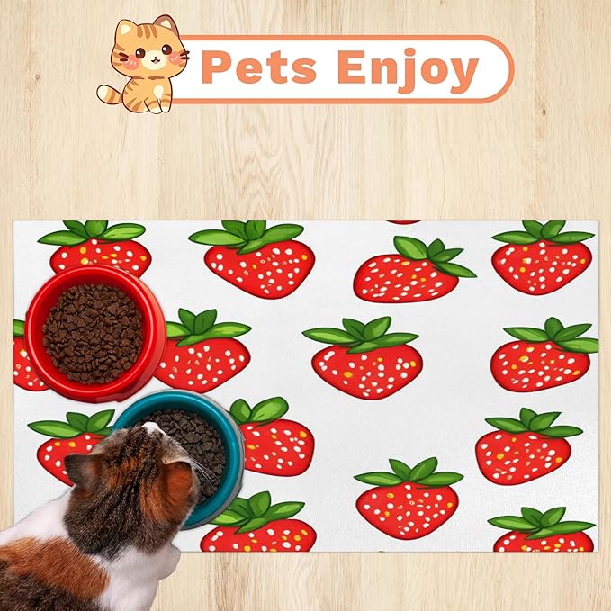 Cute Strawberry Dog Food Mat for Floors Absorbent Dog Bowl Mat for Food and Water Dispenser Quick Dry Cat Food Placemat Pet Supplies 17" x 30", Red Fruit