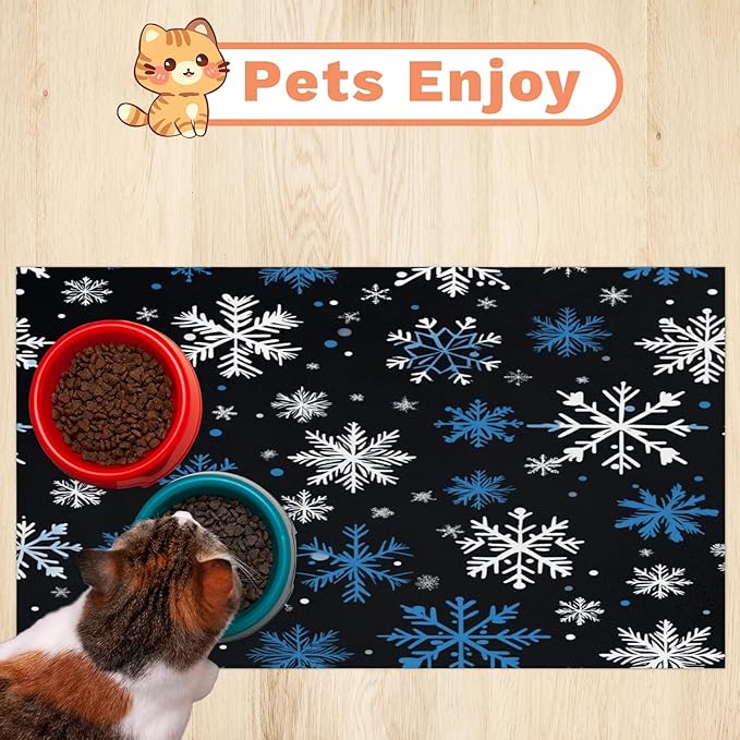 Christmas Snowflake Dog Food Mat for Floors Absorbent, Quick Dry Water Dispenser Mat for Food, Water, Pet Supplies 24" x 32",