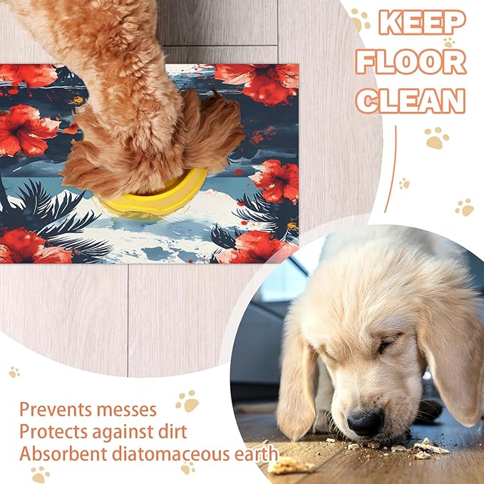 Sea Ship Dog Food Mat for Floors Absorbent, Quick Dry Water Dispenser Mat for Food, Water, Pet Supplies 16" x 24", Flower