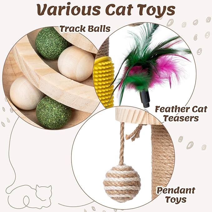 Cat Scratching Post Interactive - 5-in-1 Kitten Scratch Post Self Play Toy, Vertical Scratcher and Self Groomer for Indoor Cats, Small Pet Tree Climbing Tower with Dangling Plush Track Ball