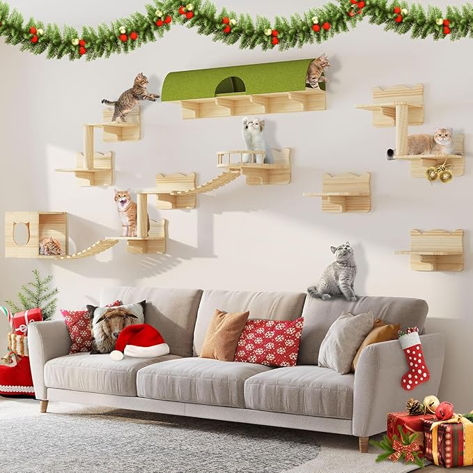 Cat Wall Shelves, 16-in-1 Solid Wood Wall-Mounted Cats Furniture Set with Scratching Post, Cat Climbing Wall Systems with 40''L Tunnel, Step, Condo, House, Bridge Ladder, Cats Shelf Furniture