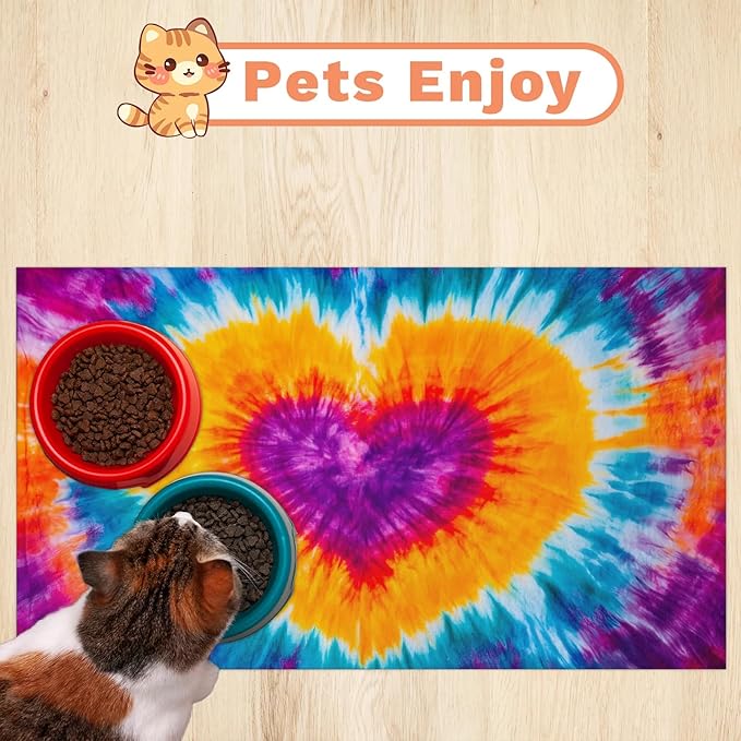 Tie Dye Dog Food Mat for Floors Absorbent, Quick Dry Water Dispenser Mat for Food, Water, Pet Supplies 16" x 24", Colorful Love Heart