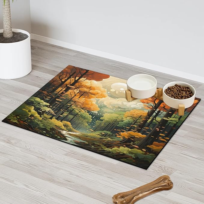 Fall Forest Dog Food Mat for Floors Absorbent, Quick Dry Water Dispenser Mat for Food, Water, Pet Supplies 16" x 24", Autumn Harvest