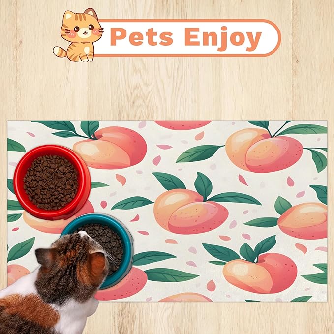 Peach Fruit Dog Food Mat for Floors Absorbent Dog Bowl Mat for Food and Water Dispenser Quick Dry Cat Food Placemat Pet Supplies 12" x 20", Pink Peachy