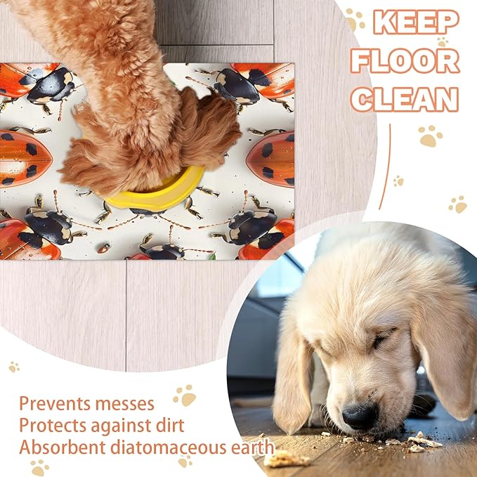 Cute Ladybird Dog Food Mat for Floors Absorbent, Quick Dry Water Dispenser Mat for Food, Water, Pet Supplies 12" x 20", Black Red Ladybird