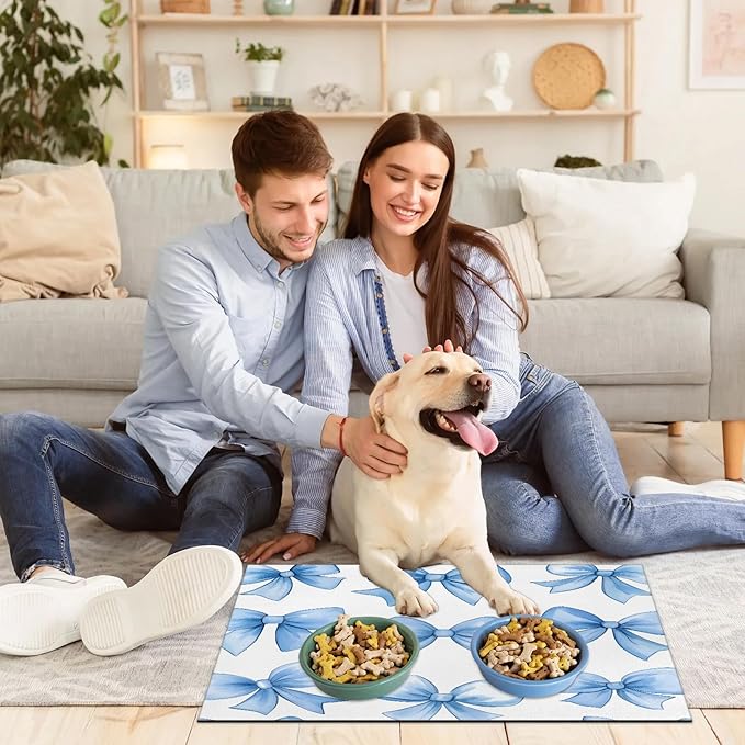 Blue Bowk Dog Food Mat for Floors Absorbent, Quick Dry Water Dispenser Mat for Food, Water, Pet Supplies 12" x 20", Cute Bowknot