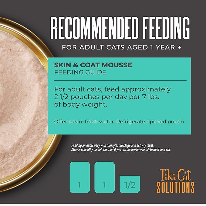 Tiki Cat Solutions Mousse Skin & Coat Mousse, Salmon Recipe, Specially Formulated with Omega Fatty Acids, Functional Wet Cat Food for Adult Cats, 2.4 oz. Pouch (12 Pack)
