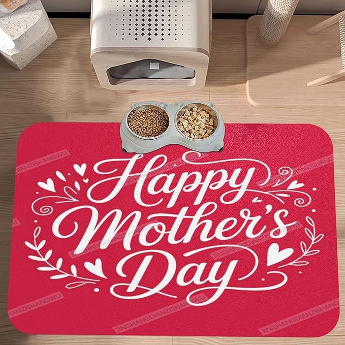 Pet Feeding Mats with Residue Collection Red Happy Mother's Day Floral Gift for Mom Dw Waterproof Dog Cat Bowl Mat 24x16In with Prevent Water Food Spills