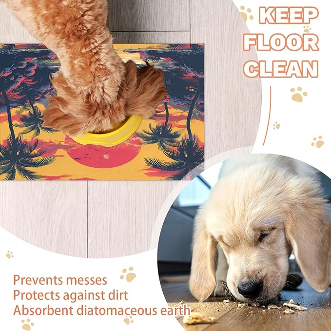 Coastal Sunset Dog Food Mat for Floors Absorbent, Quick Dry Water Dispenser Mat for Food, Water, Pet Supplies 16" x 24", Palm Tree