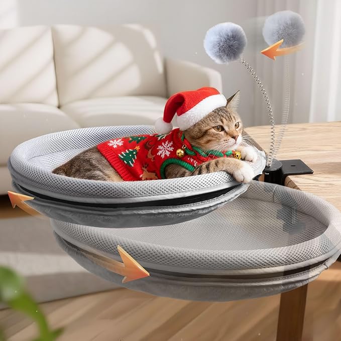 Cat Desk Bed with Teaser Wand, Under Desk Cats Bed Platform with Sturdy Clamp, Space-Saving Cat Perch Mounts Underneath Desk for Large Cats,for Gift,Present(Grey)