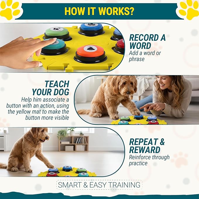 Dog Buttons for Communication with Mat (6 Pieces) - 6 Recordable Dog Talking Buttons - Teach Your Dog to Talk - Smart Dog Training Starter Set - Ideal Gift for Your Lovely Dog
