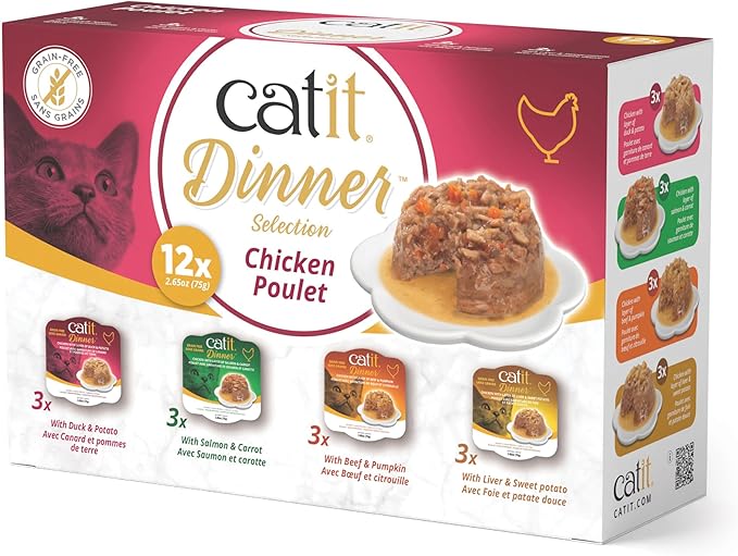 Catit Dinner Chicken Multipack Wet Cat Food, 12 Pack – High Protein, Grain Free, with Taurine, Vitamins & Vegetables and Pumpkin