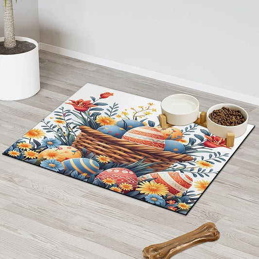 Easter Eggs Dog Food Mat for Floors Absorbent Dog Bowl Mat for Food and Water Dispenser Quick Dry Cat Food Placemat Pet Supplies 16" x 24", Watercolor Floral