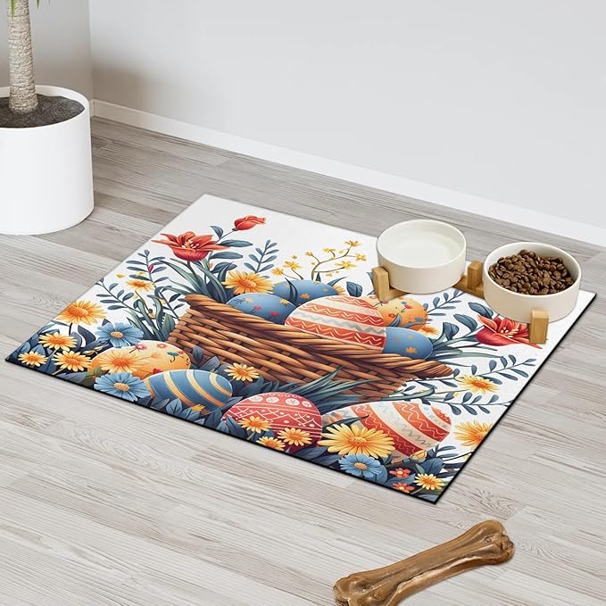 Easter Eggs Dog Food Mat for Floors Absorbent Dog Bowl Mat for Food and Water Dispenser Quick Dry Cat Food Placemat Pet Supplies 17" x 30", Watercolor Floral