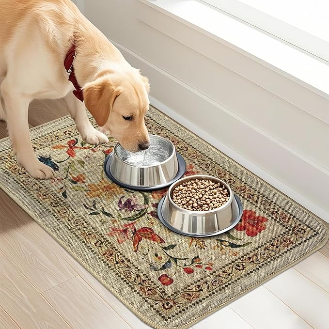 Dog Food Mats for Floors, Waterproof Quick Dry for Cat Bowl Food and Water, Eco-Friendly Accessories Pet Supplies(12"x20", Beige Color Flower)