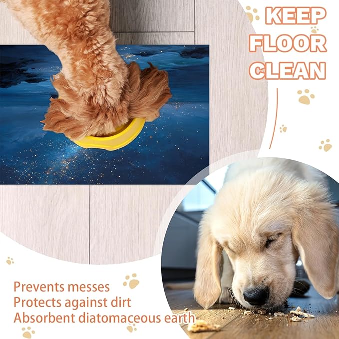 Beach Dog Food Mat for Floors Absorbent, Quick Dry Water Dispenser Mat for Food, Water, Pet Supplies 16" x 24", Night Sky Stars