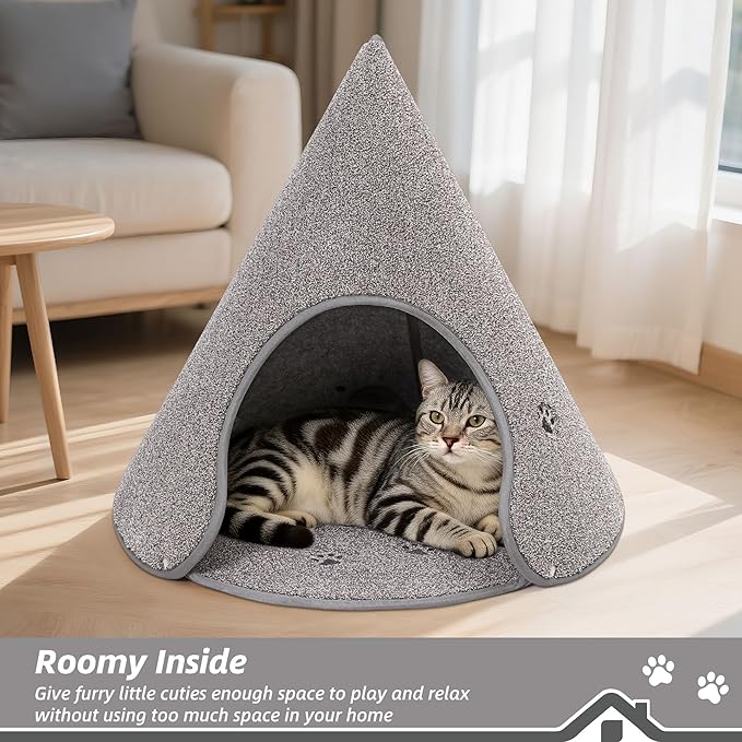 BEQHAUSE Cat Beds for Indoor Cats, Cat Cave Bed with Non-Slip Bottom, Anti-Scratch Cat House Cat Tent for Kittens and Small Dogs, Foldable Kitten Hideaway Machine Washable,22.8 * 22.8 * 20.8in, Grey