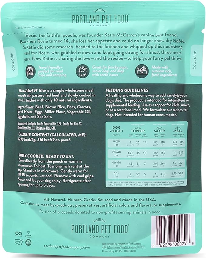 CRAFTED BY HUMANS LOVED BY DOGS Portland Pet Food Company Human-Grade Dog Food Pouch — Mixer, Topper, and Rotational Meal (2X Rosie's Beef/ 2X Tuxedo's Chicken, 4-Pack)
