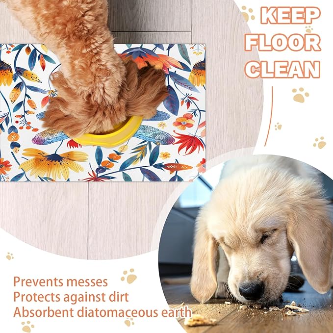 Dragonfly Wildflower Dog Food Mat for Floors Absorbent, Quick Dry Water Dispenser Mat for Food, Water, Pet Supplies 12" x 20", Flower Leaves