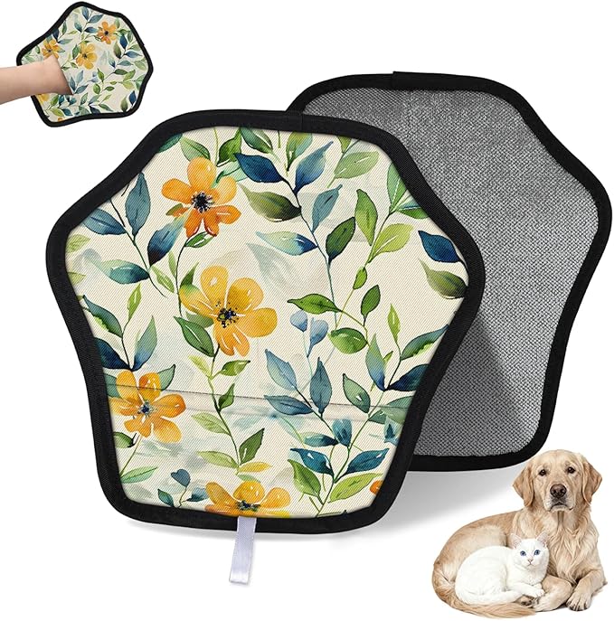 Watercolor Flowers Leaves Electrostatic Pet Hair Removal Glove for Cats & Dogs - Reusable Grooming Mitt for Couch, Carpet, Car Seat & Laundry - Large 9x9 Inch