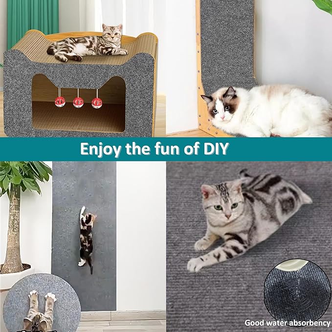 Cat Scratching Mat self-Adhesive, 78.7"x15.8" Cat Carpet remnants,DIY Climbing Cat Scratcher,Cat Scratch Furniture Protector（Dark Gray）