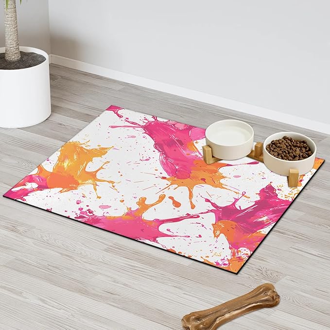 Graffiti Dog Food Mat for Floors Absorbent Dog Bowl Mat for Food and Water Dispenser Quick Dry Cat Food Placemat Pet Supplies 12" x 20", Pink Orange