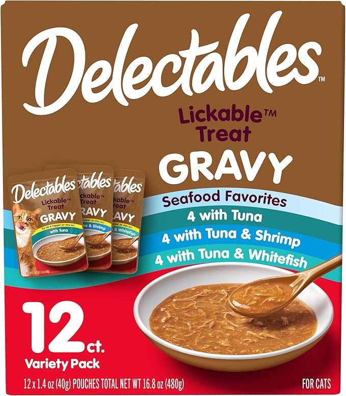 Delectables Lickable Treat Gravy Seafood Variety Wet Cat Treat & Food Topper, Food Topper, Hydrating, Grain-Free, No Fillers, No by-Products, No Added Preservatives, 1.4-oz Pouch, 12 Count