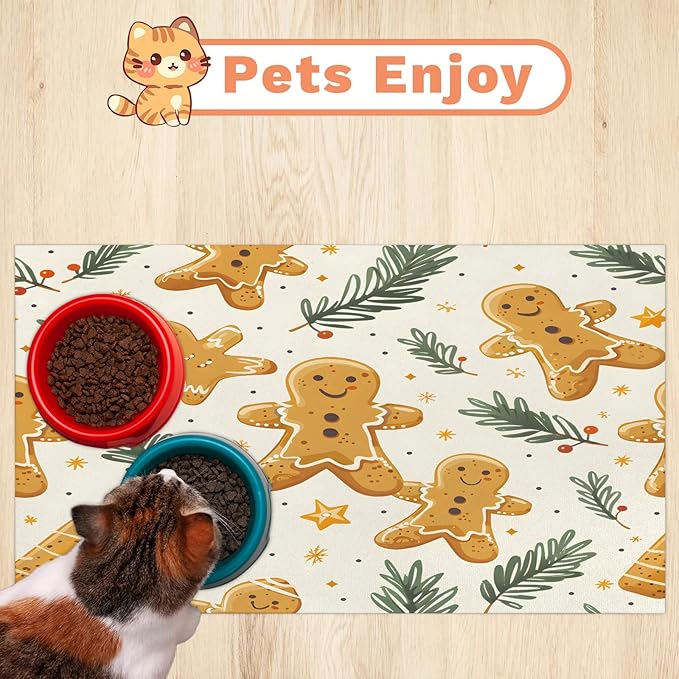 Christmas Cookies Dog Food Mat for Floors Absorbent, Quick Dry Water Dispenser Mat for Food, Water, Pet Supplies 12" x 20", Xmas Tree