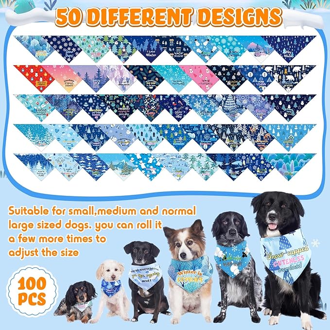 Kacctyen 100 Pcs Winter Dog Bandanas Bulk Snow Dog Adjustable Cute Washable Triangle Kerchief Scarf Bibs for Small to Medium Pet Seasonal Party Costume Accessories