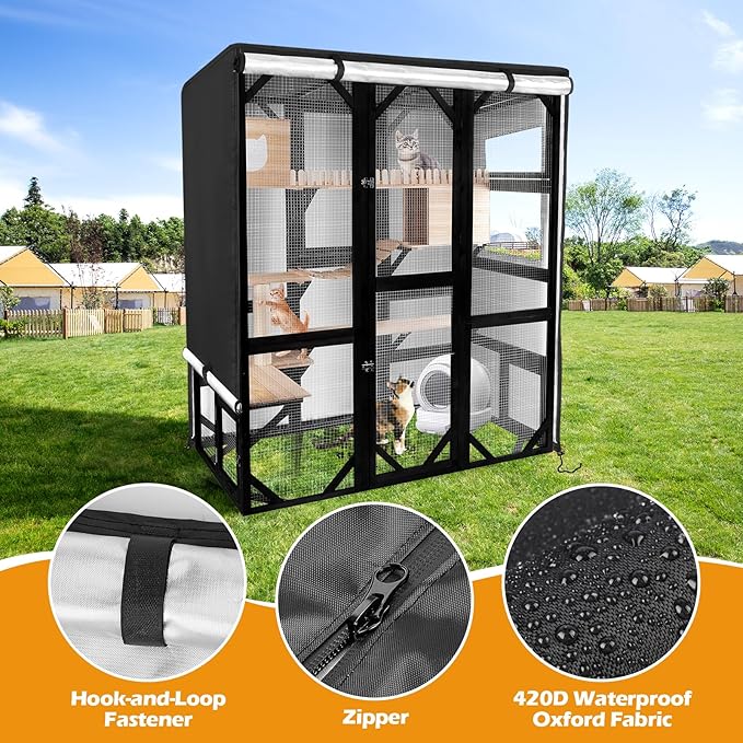 Catio Cover,65"L x 34.5"W x 74"H Cover for Catio Outdoor Cat Enclosure Waterproof, 420D Cat Cage Covers for FunXplore Large Catios, Outdoor Cats Enclosure Covers(Black)(Catios Not Included)