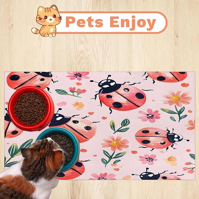 Red Ladybirds Dog Food Mat for Floors Absorbent, Quick Dry Water Dispenser Mat for Food, Water, Pet Supplies 17" x 30", Wildflowers