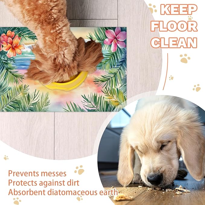 Tropical Flower Dog Food Mat for Floors Absorbent, Quick Dry Water Dispenser Mat for Food, Water, Pet Supplies 12" x 20", Summer Hawaii