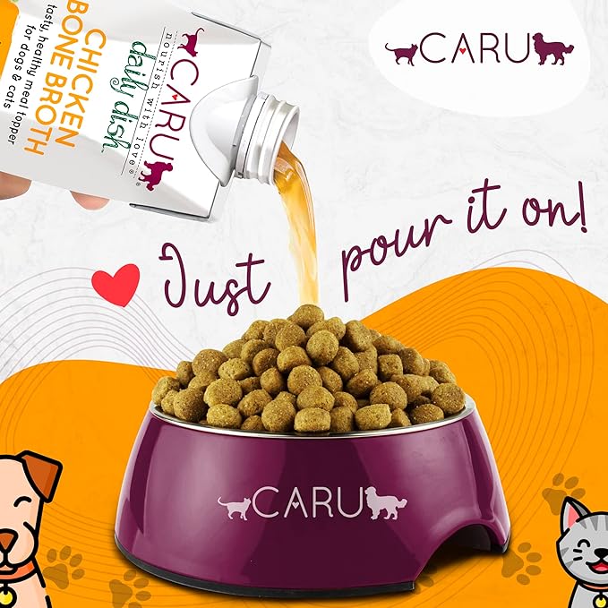 Caru - Daily Dish Chicken Bone Broth - Meal Topper for Dogs & Cats - Supports Overall Pet Health - Pour-Over Broth for Wet/Dry Food - Human Grade Ingredients - Non-GMO - Made in USA - 12 Pack