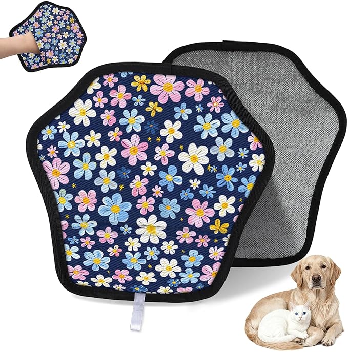 Beautiful Floral Electrostatic Pet Hair Removal Glove for Cats & Dogs - Reusable Grooming Mitt for Couch, Carpet, Car Seat & Laundry - Large 9x9 Inch