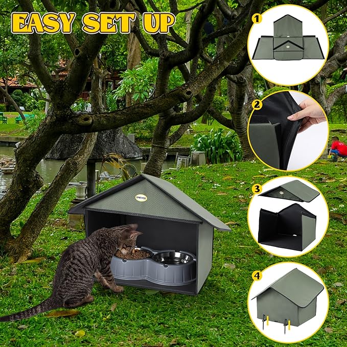 Dreyoo Outdoor Cat Feeding Station for Food & Water, Weatherproof Outdoor Kitty Dining Room Cat Shelter for Stray, Feral Cats and Community Cats, 13”d x 17”w x 15.5'h(2 Pack,Dark Green)